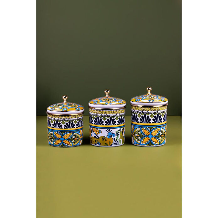 Emaylab Selge 3 Lü Dekoratif Emaye Kavanoz Takımı , Vazo , Çok Amaçlı Kavanoz