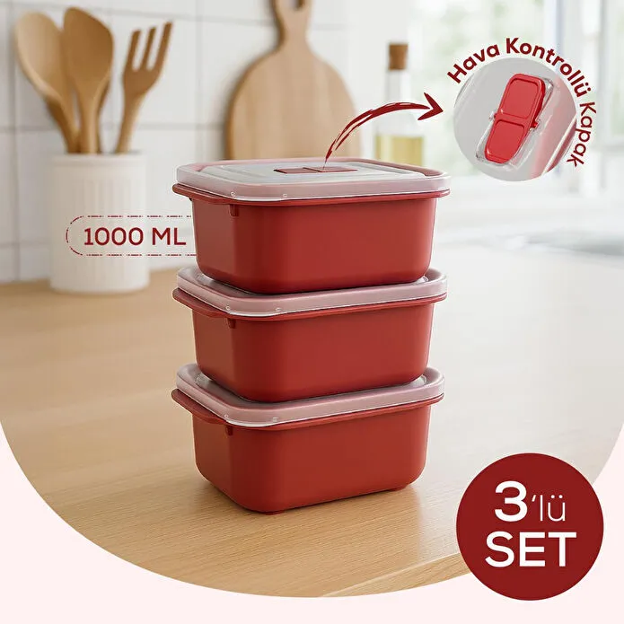 Vienev Kapaklı 3’lü Mikrodalgaya Uygun Dikdörtgen Saklama Kabı Seti - 1000 Ml