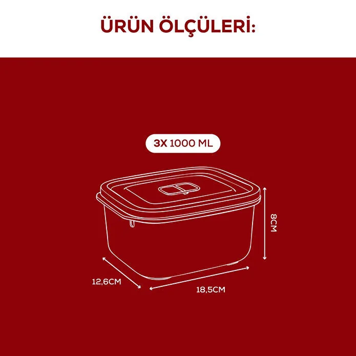Vienev Kapaklı 3’lü Mikrodalgaya Uygun Dikdörtgen Saklama Kabı Seti - 1000 Ml