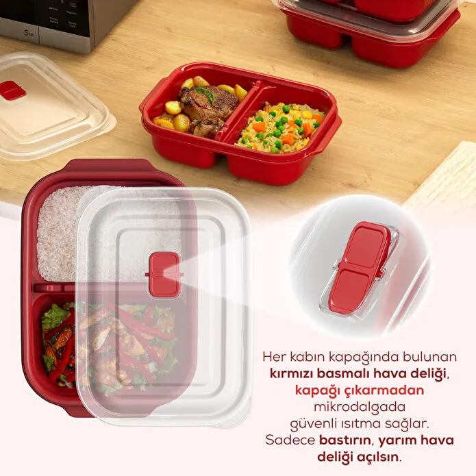 Vienev Kapaklı 3’lü Mikrodalgaya Uygun Bölmeli Dikdörtgen Saklama Kabı Seti - 1200 Ml