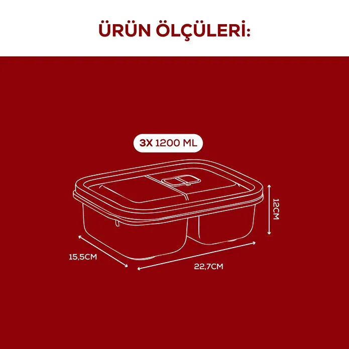 Vienev Kapaklı 3’lü Mikrodalgaya Uygun Bölmeli Dikdörtgen Saklama Kabı Seti - 1200 Ml