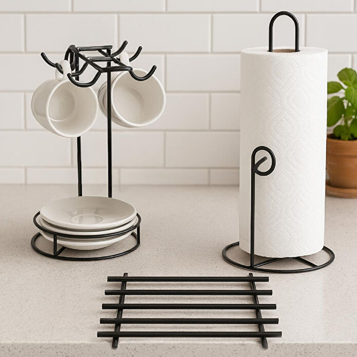 Vienev Yakut Metal Tezgah Üstü Mutfak Seti | Tabaklı Fincanlık & Kağıt Havluluk & Nihale