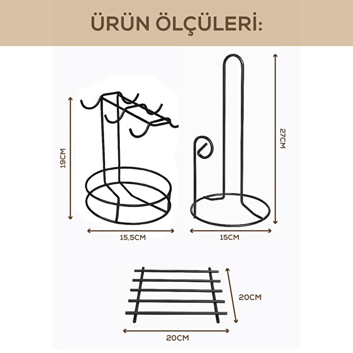 Vienev Yakut Metal Tezgah Üstü Mutfak Seti | Tabaklı Fincanlık & Kağıt Havluluk & Nihale