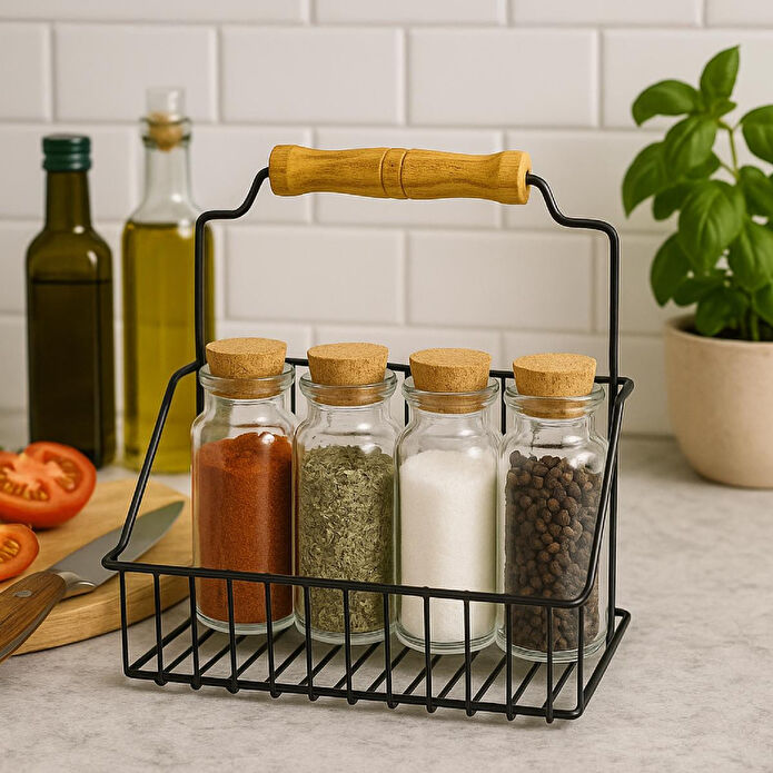 Vienev Ahşap Saplı Siyah Metal Tel Sepet – Çok Amaçlı Dekoratif Organizer