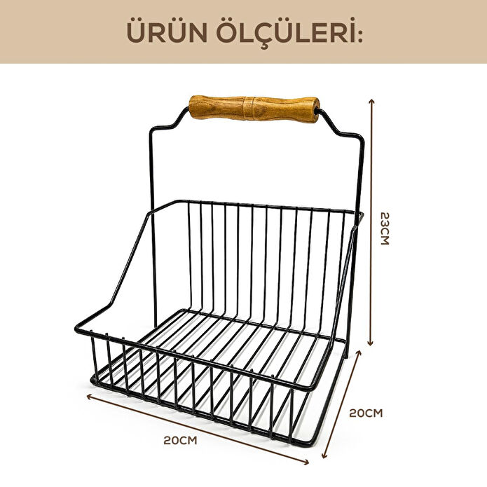 Vienev Ahşap Saplı Siyah Metal Tel Sepet – Çok Amaçlı Dekoratif Organizer