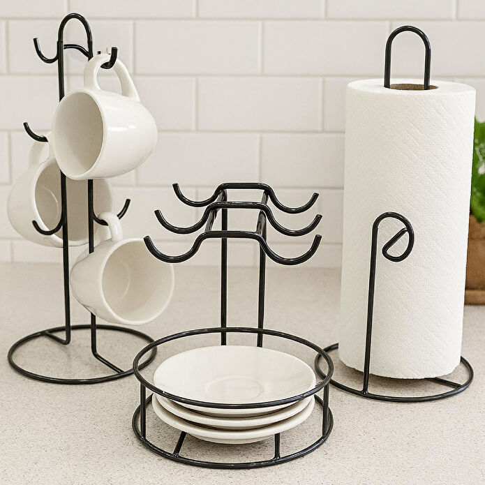 Vienev Elmas Metal Tezgah Üstü Mutfak Seti | Fincanlık & Kağıt Havluluk & Tabaklı Fincanlık