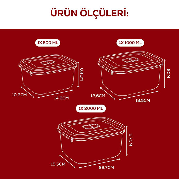 Vienev Kapaklı 3’lü Mikrodalgaya Uygun Dikdörtgen Saklama Kabı Seti - 500/1000/2000 Ml
