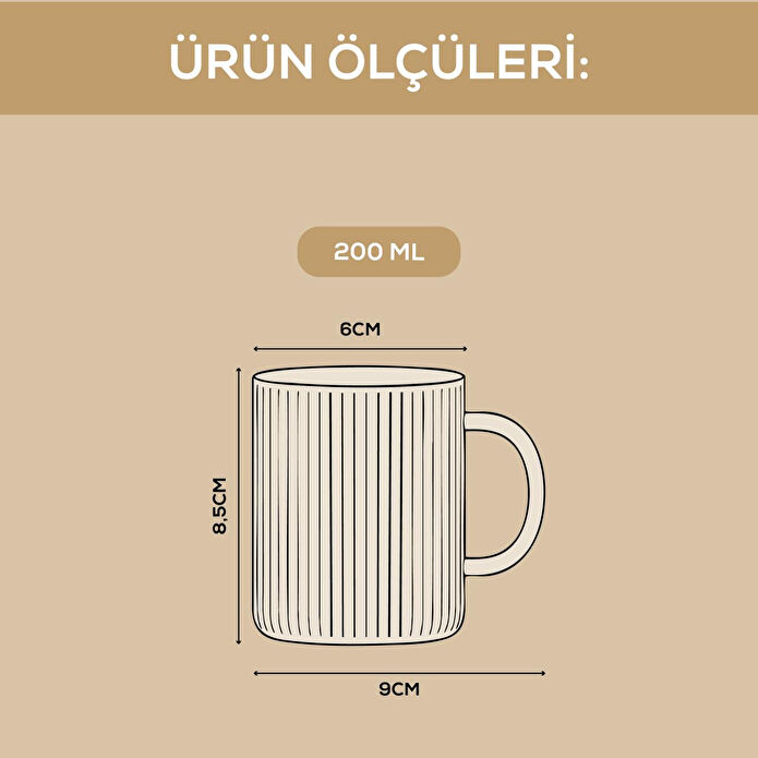 Vienev 6'lı Çizgili Desenli Kulplu Cam Bardak - 200 Ml Cam Çay Bardağı