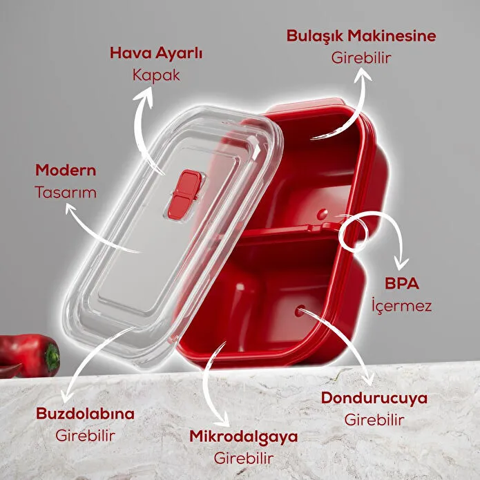 Vienev Kapaklı 3’lü Mikrodalgaya Uygun Dikdörtgen Saklama Kabı Seti - 2000 Ml