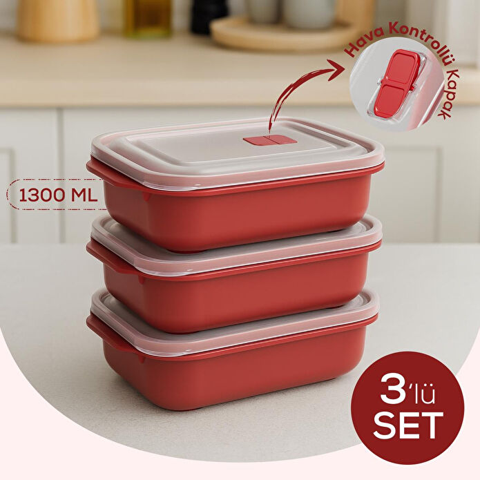 Vienev Kapaklı 3’lü Mikrodalgaya Uygun Dikdörtgen Saklama Kabı Seti - 1300 Ml
