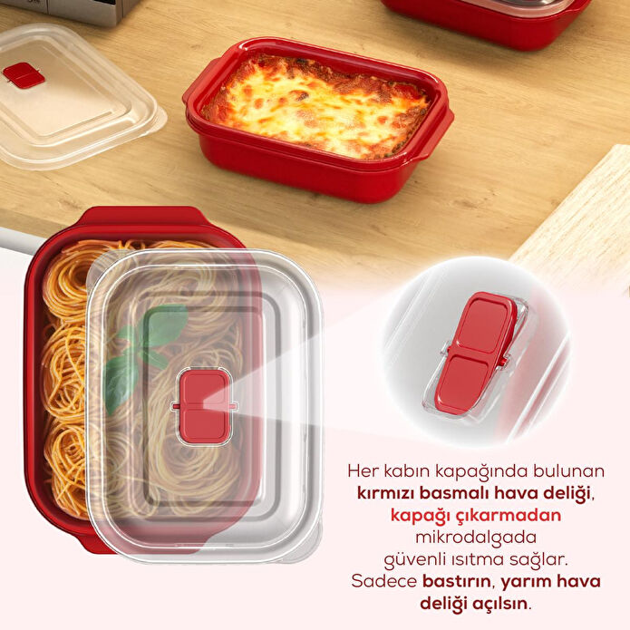 Vienev Kapaklı 3’lü Mikrodalgaya Uygun Dikdörtgen Saklama Kabı Seti - 1300 Ml