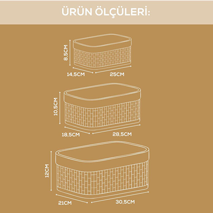 Vienev Bambu Hasır Dikdörtgen 3'lü Organizer Sepet Seti - Çok Amaçlı Düzenleyici
