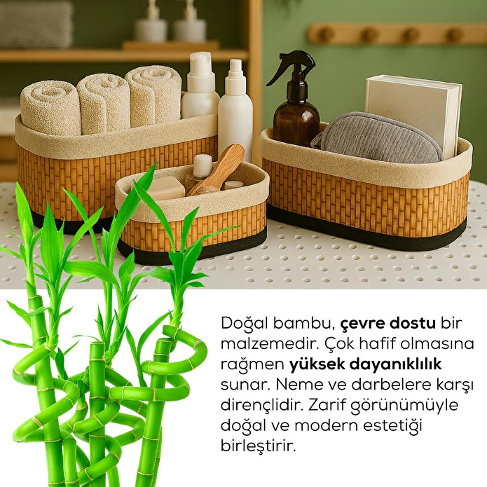 Vienev Bambu Hasır Oval 3'lü Organizer Sepet Seti - Çok Amaçlı Düzenleyici
