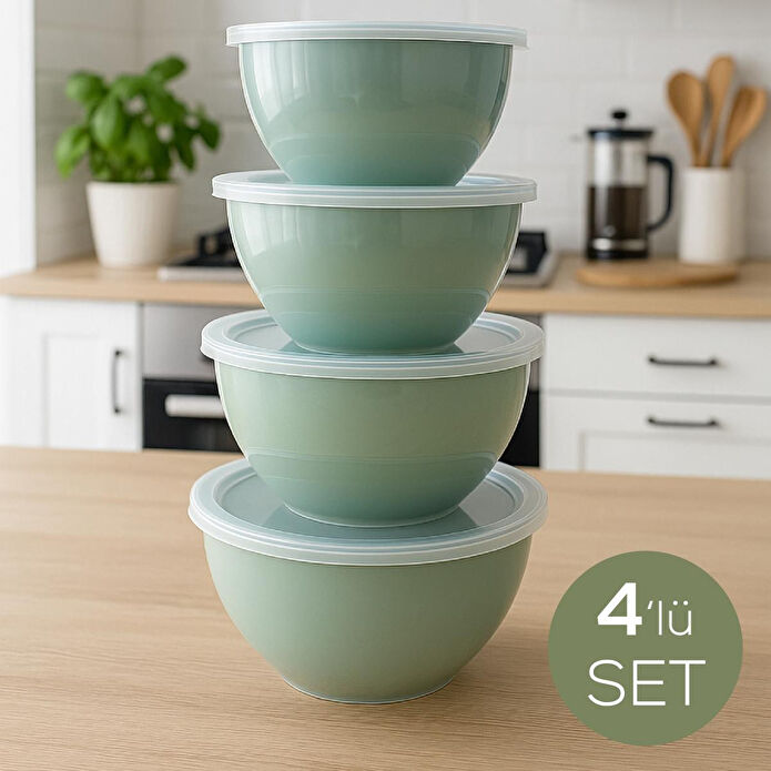 Vienev 4’lü Yuvarlak Kase Seti Yeşil | 1l, 1.5l, 2.3l, 3.3l | Kapaklı Çok Amaçlı Mutfak Saklama Kabı