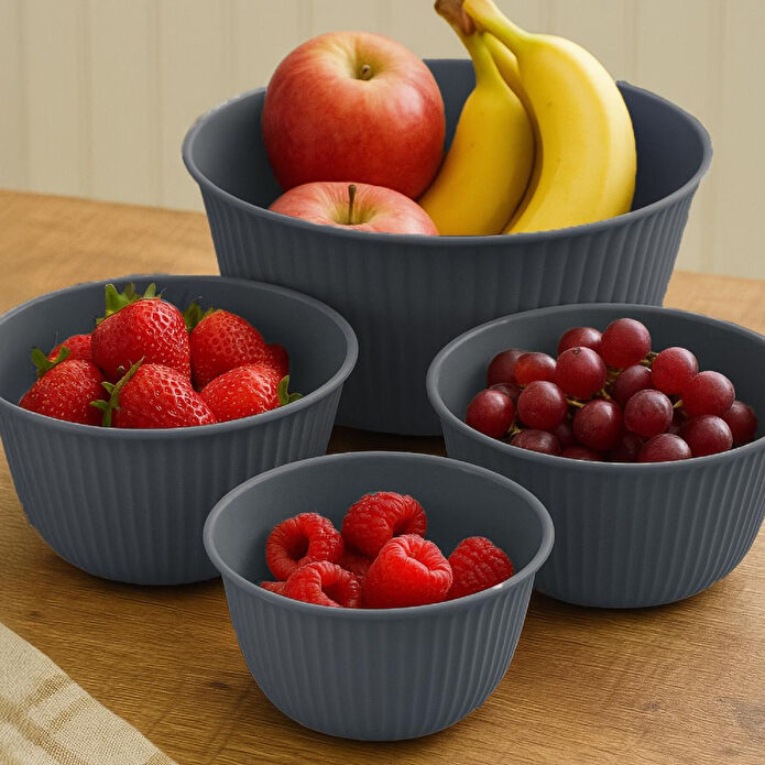 Vienev 4'lü Mega Boy Plastik Karıştırma Ve Saklama Kase Seti | 1l, 2l, 3l, 5l Antrasit