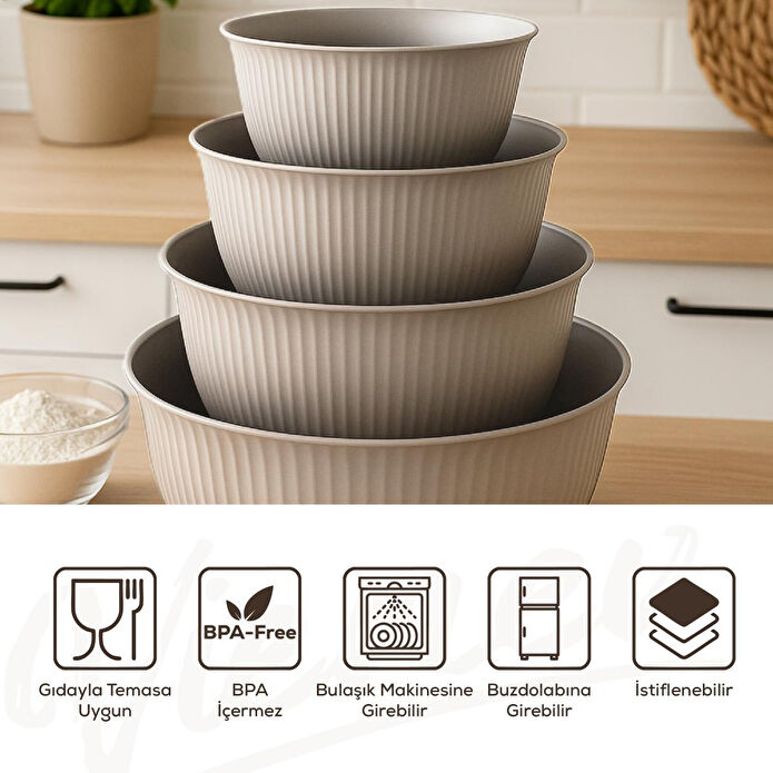 Vienev 4'lü Mega Boy Plastik Karıştırma Ve Saklama Kase Seti | 1l, 2l, 3l, 5l Bej