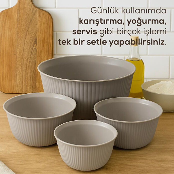 Vienev 4'lü Mega Boy Plastik Karıştırma Ve Saklama Kase Seti | 1l, 2l, 3l, 5l Bej