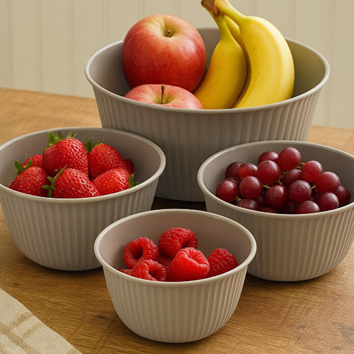 Vienev 4'lü Mega Boy Plastik Karıştırma Ve Saklama Kase Seti | 1l, 2l, 3l, 5l Bej