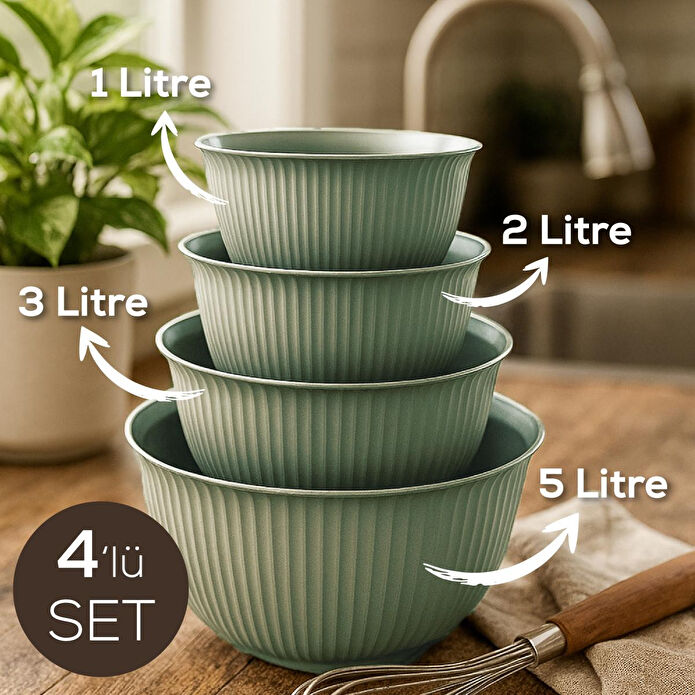 Vienev 4'lü Mega Boy Plastik Karıştırma Ve Saklama Kase Seti | 1l, 2l, 3l, 5l Yeşil