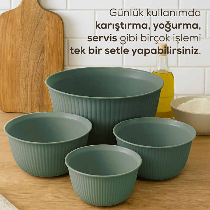 Vienev 4'lü Mega Boy Plastik Karıştırma Ve Saklama Kase Seti | 1l, 2l, 3l, 5l Yeşil