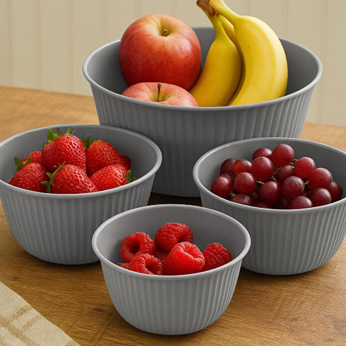 Vienev 4'lü Mega Boy Plastik Karıştırma Ve Saklama Kase Seti | 1l, 2l, 3l, 5l Gri