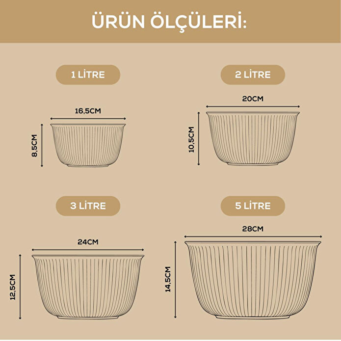 Vienev 4'lü Mega Boy Plastik Karıştırma Ve Saklama Kase Seti | 1l, 2l, 3l, 5l Gri