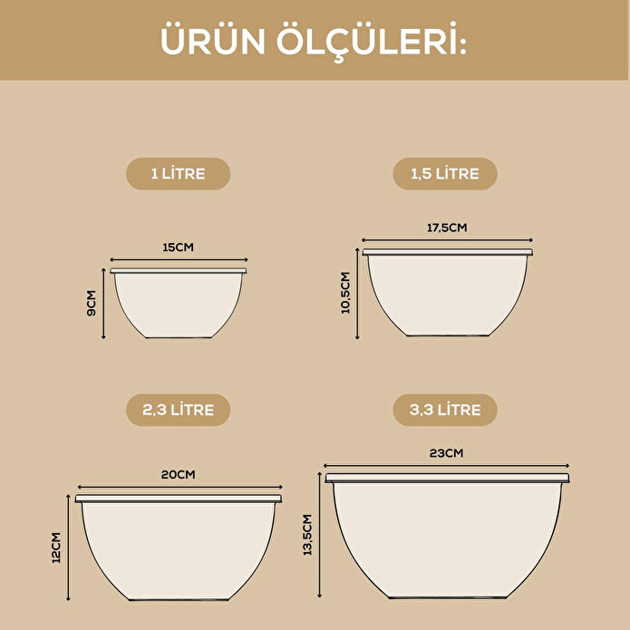 Vienev 4’lü Yuvarlak Kase Seti Pembe | 1l, 1.5l, 2.3l, 3.3l | Kapaklı Çok Amaçlı Mutfak Saklama Kabı