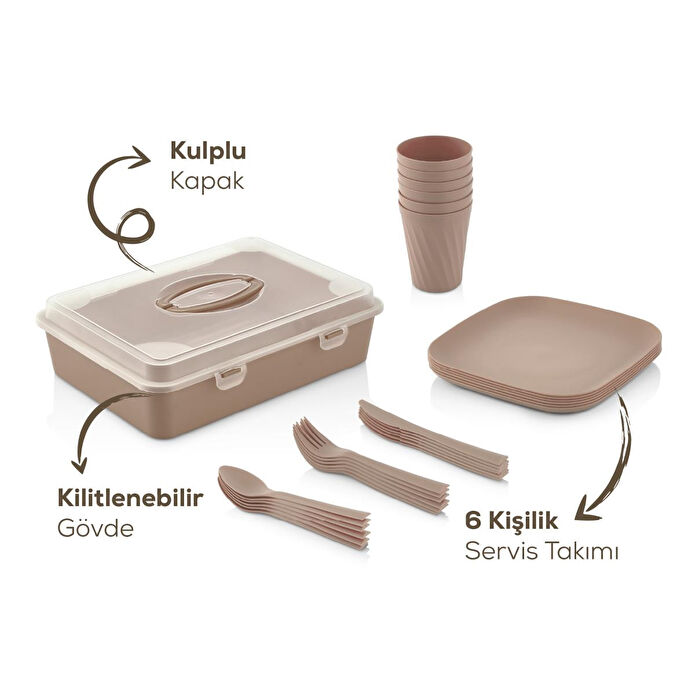 Vienev 32 Parça 6 Kişilik Taşınabilir Piknik Seti - Saklama Kutulu Bej