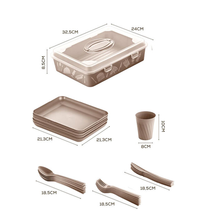 Vienev 32 Parça 6 Kişilik Taşınabilir Piknik Seti - Saklama Kutulu Bej