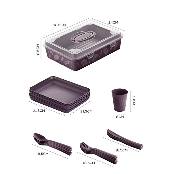 Vienev 32 Parça 6 Kişilik Taşınabilir Piknik Seti - Saklama Kutulu Mor