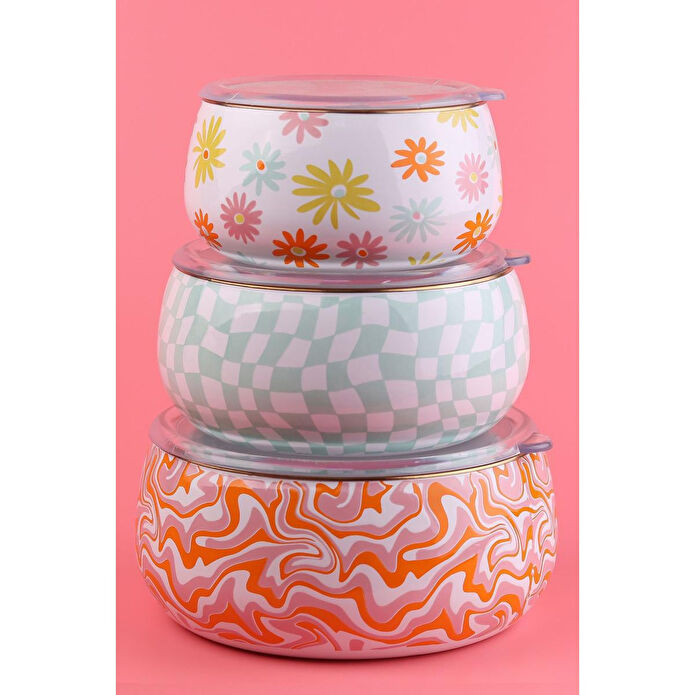 Emaylab Selge 3 Lü Emaye Tombul Saklama Kabı Takımı (tüm Ocak Tiplerinde Kullanilabili̇r) Retro Hippi