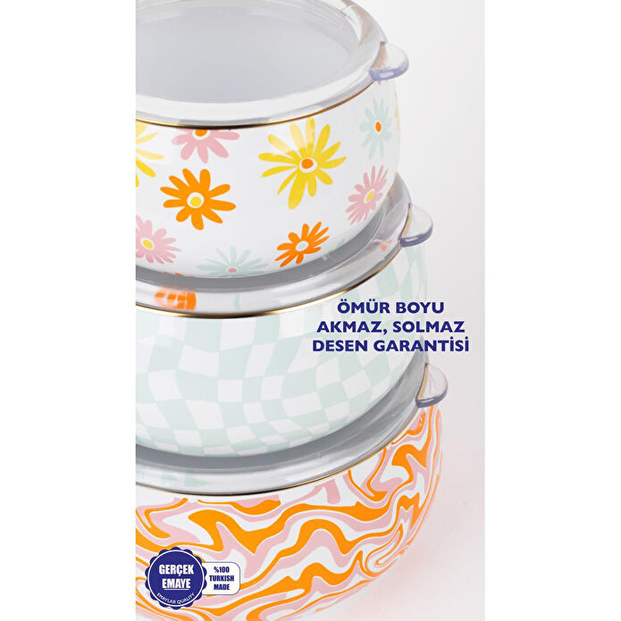 Emaylab Selge 3 Lü Emaye Tombul Saklama Kabı Takımı (tüm Ocak Tiplerinde Kullanilabili̇r) Retro Hippi