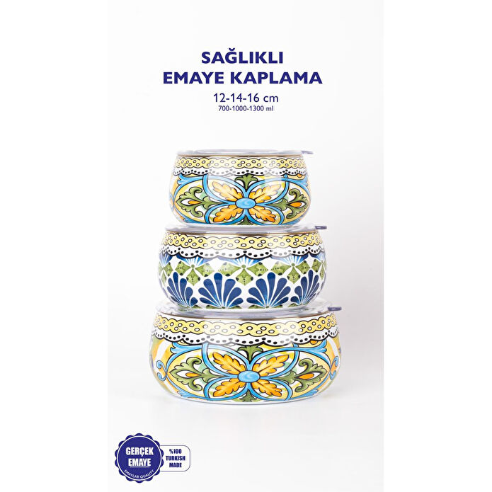 Emaylab Selge 3 Lü Emaye Tombul Saklama Kabı Takımı (tüm Ocak Tiplerinde Kullanilabilir) Selge