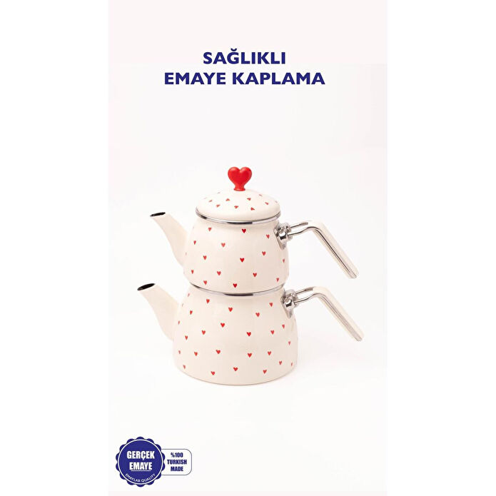 Emaylab Cupid Kalp Desenli Emaye Çaydanlık Takımı (özel Zamak Tepeli)