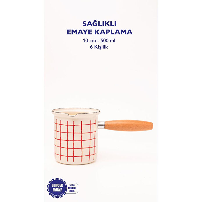 Emaylab Cupid Kareli Emaye Ahşap Saplı Cezve (500ml-6 Kişilik)