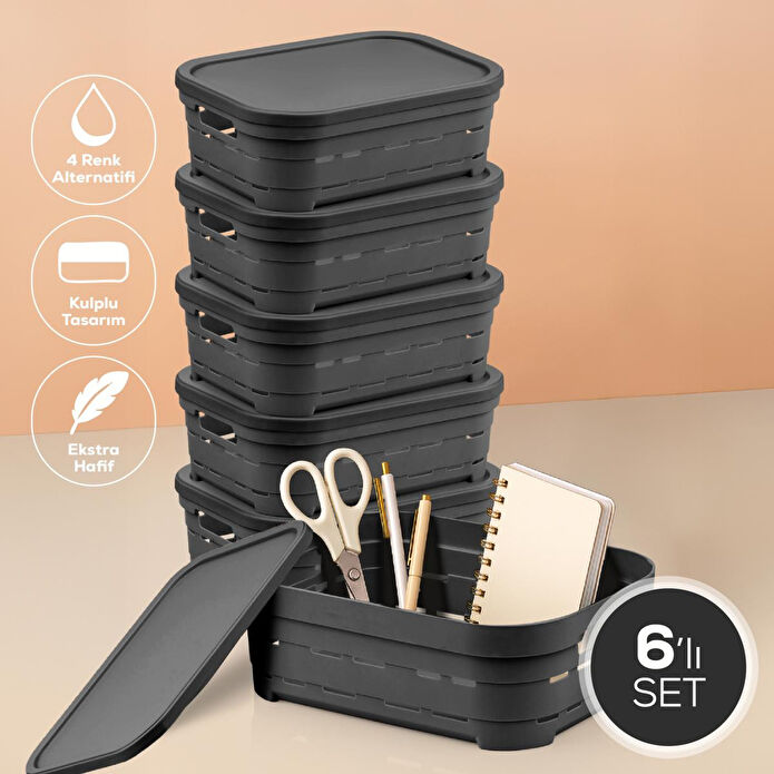 Vienev 6'lı Kapaklı 2,8 Litre Delikli Saklama Kutusu Antrasit