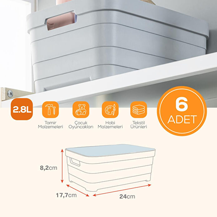 Vienev 6'lı Kapaklı 2,8 Litre Saklama Kutusu Antrasit