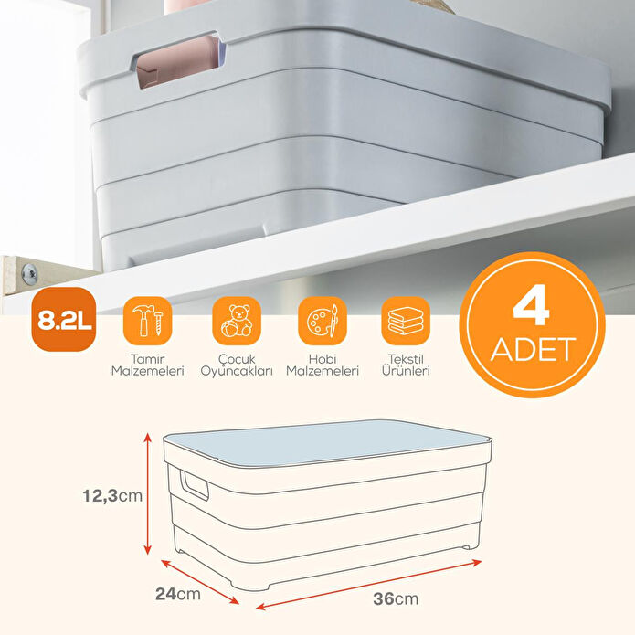 Vienev 4'lü Kapaklı 8,2 Litre Saklama Kutusu Antrasit