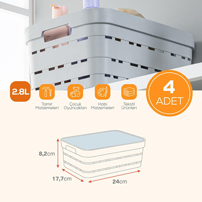 Vienev 4'lü Kapaklı 2,8 Litre Delikli Saklama Kutusu Antrasit