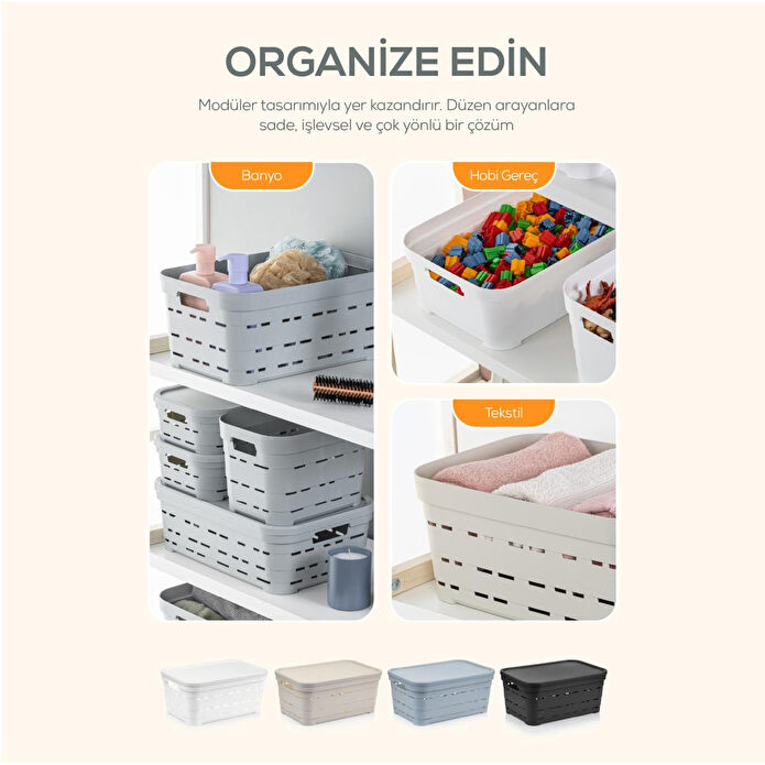 Vienev 4'lü Kapaklı 2,8 Litre Delikli Saklama Kutusu Antrasit