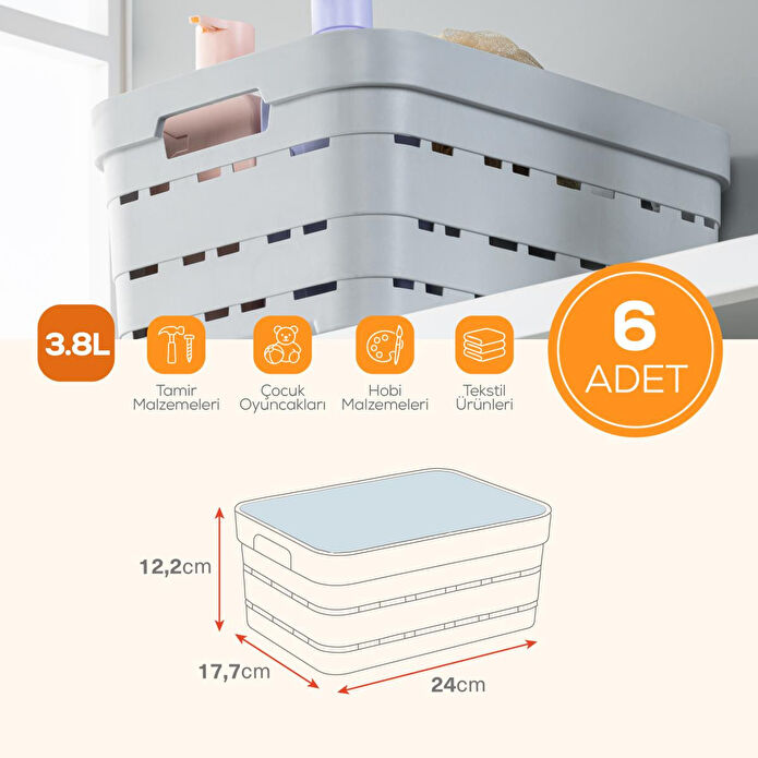 Vienev 6'lı Kapaklı 3,8 Litre Delikli Saklama Kutusu Antrasit