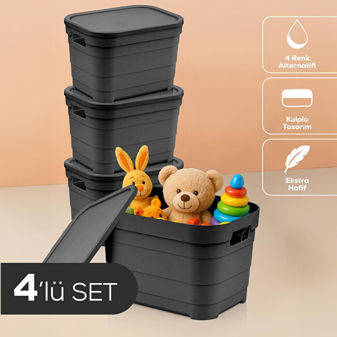 Vienev 4'lü Kapaklı 5 Litre Saklama Kutusu Antrasit
