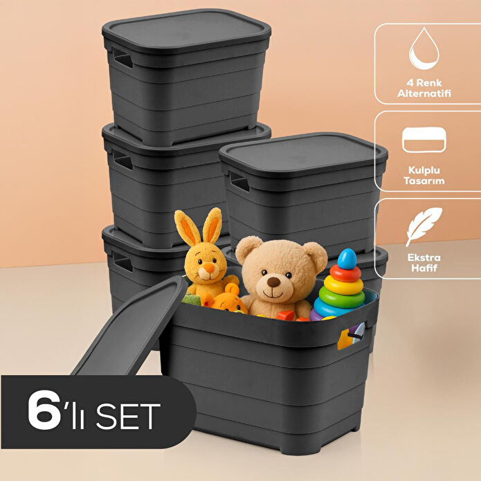 Vienev 6'lı Kapaklı 5 Litre Saklama Kutusu Antrasit