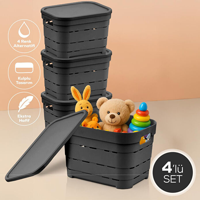 Vienev 4'lü Kapaklı 5 Litre Delikli Saklama Kutusu Antrasit