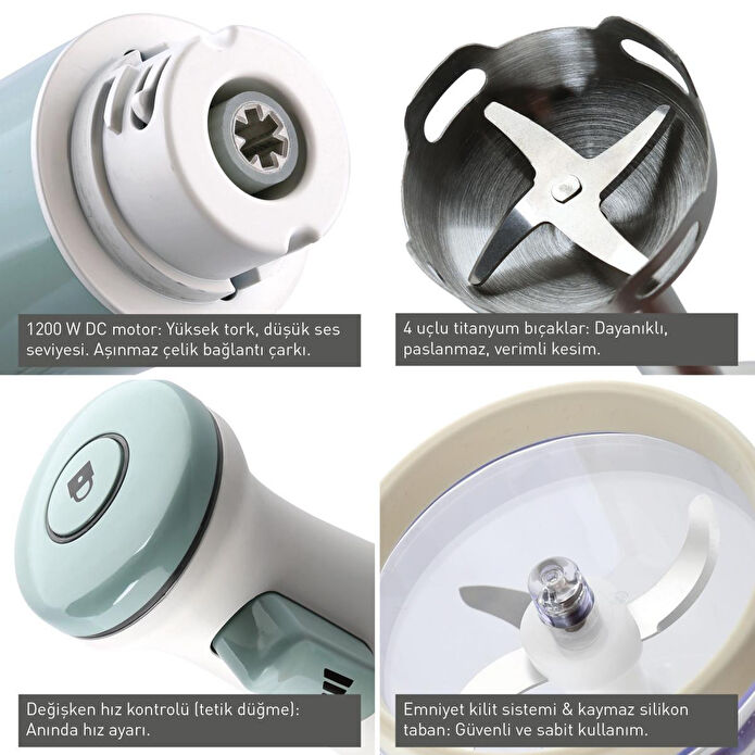 Berghoff Gem Retro 1200 W El Blender Seti – 800 ml Hazne, 5 Parça Aksesuar, Metal Konektör | Mint Yeşil