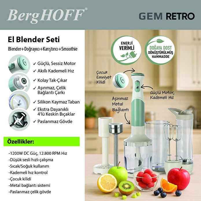 Berghoff Gem Retro 1200 W El Blender Seti – 800 ml Hazne, 5 Parça Aksesuar, Metal Konektör | Mint Yeşil