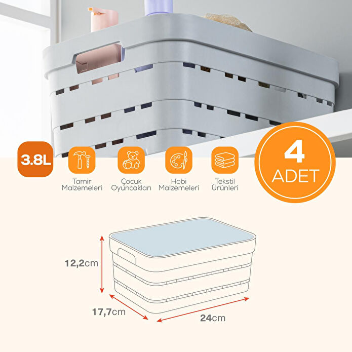 Vienev 4'lü Kapaklı 3,8 Litre Delikli Saklama Kutusu Antrasit