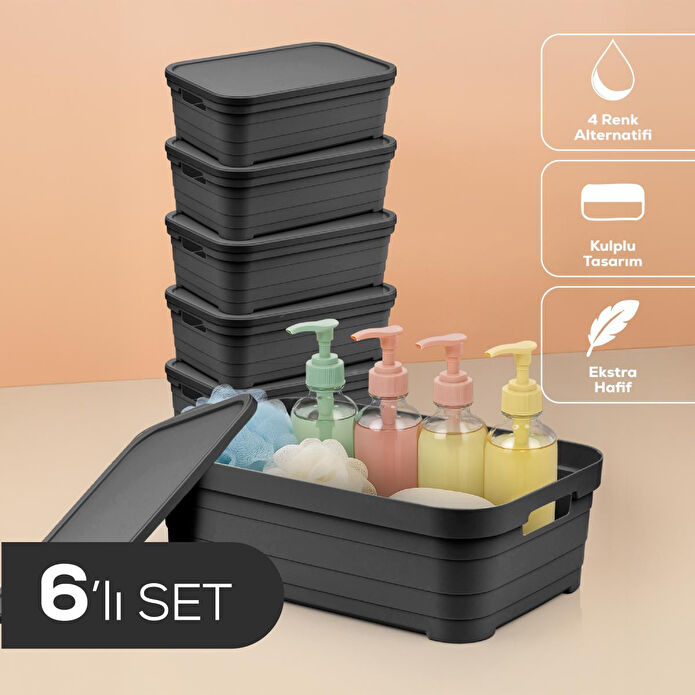 Vienev 6'lı Kapaklı 8,2 Litre Saklama Kutusu Antrasit