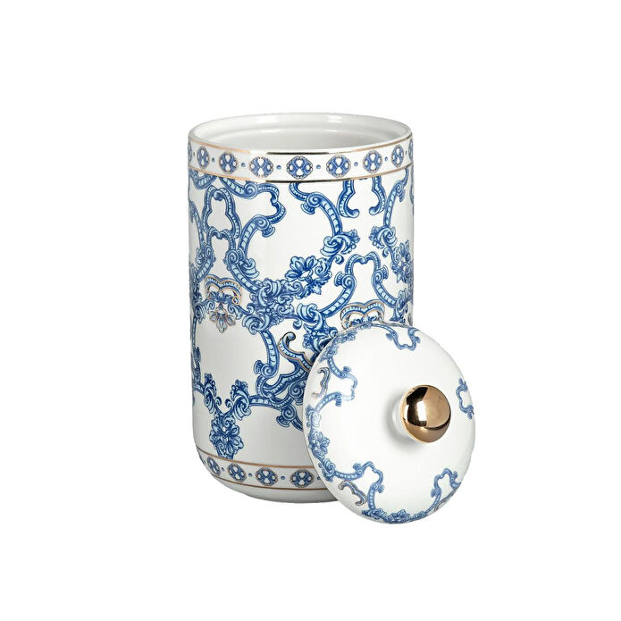 Lucky Art Florance Bone China Porselen Mavi Beyaz Naturel Barok Desenli Kapaklı Kavanoz 21 Cm