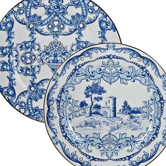 Lucky Art Florance Bone China Porselen Mavi Beyaz Naturel Barok Desenli 4 Lü Yemek Tabağı Seti 27 Cm